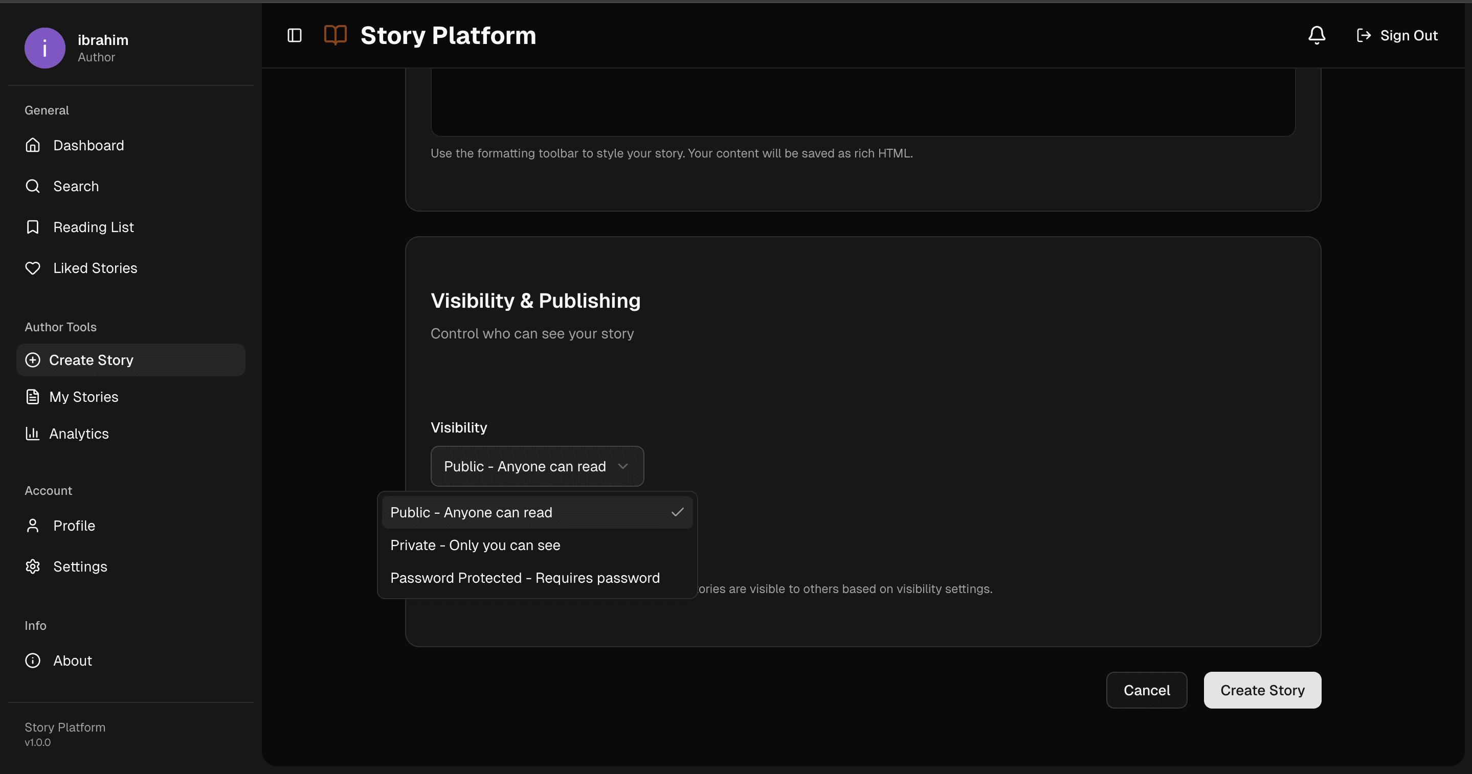 create story. public private. password on it.